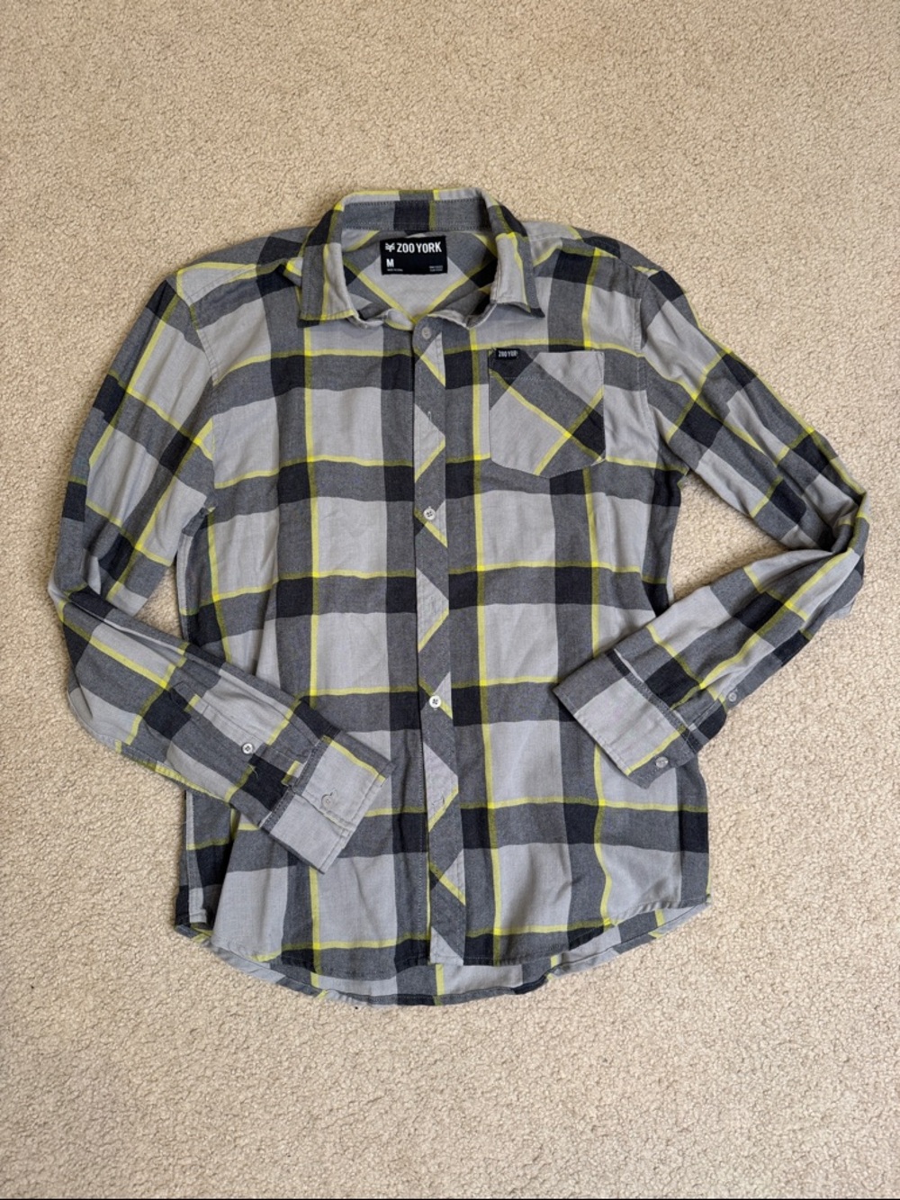 Zoo York Men’s Gray Plaid Button-Down Shirt with Yellow Accents